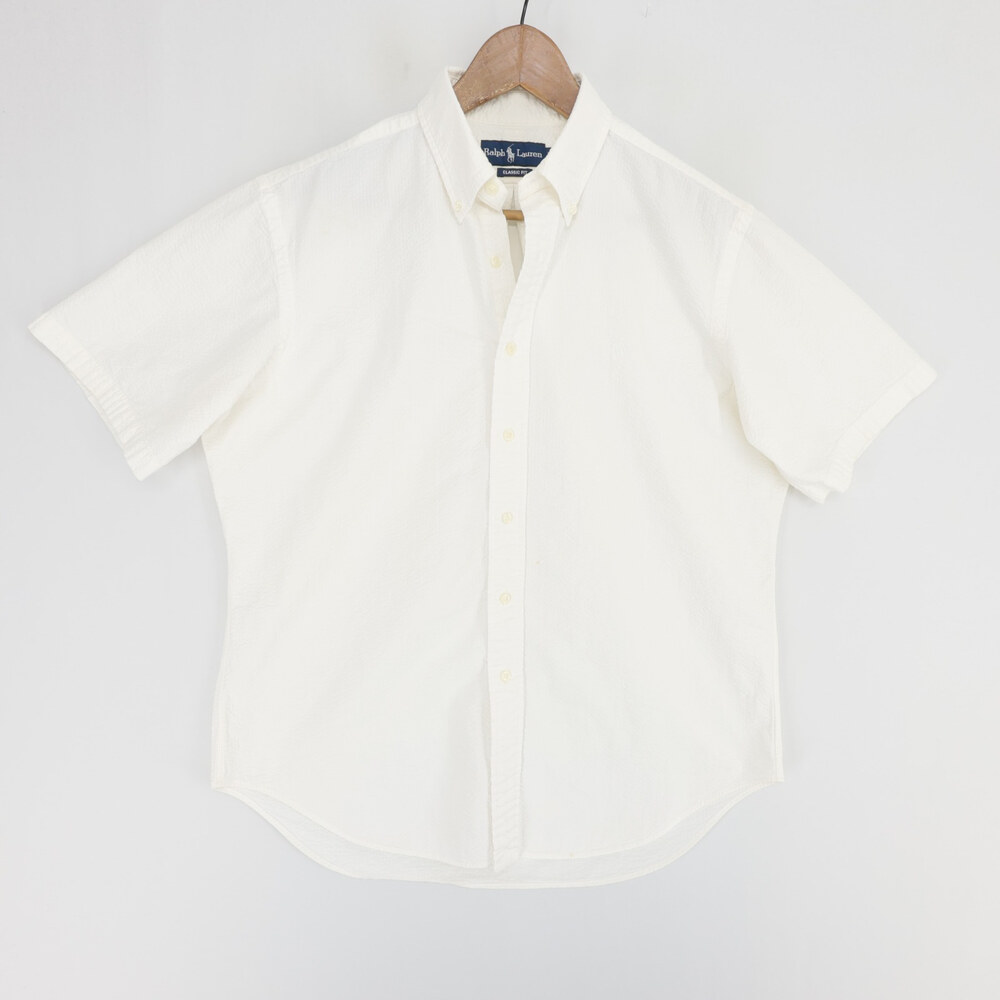 Ralph Lauren Shirt Mens L White Seersucker Classic Fit Short Sleeve Button Down